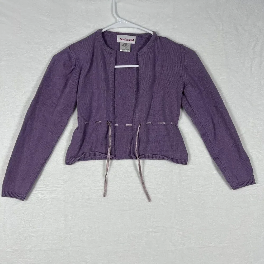 American Girl Girls Purple Cardigan Sweater Size S Ramie Cotton Tie Front